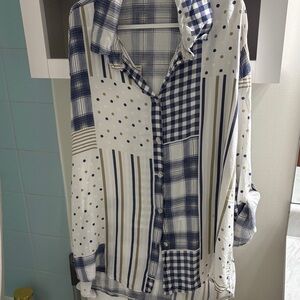 Patchwork Button-Up Shirt in Navy and Cream